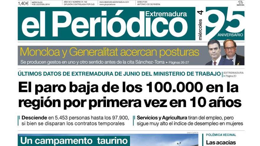 Esta es la portada de EL PERIÓDICO EXTREMADURA correspondiente al día 4 de julio del 2018