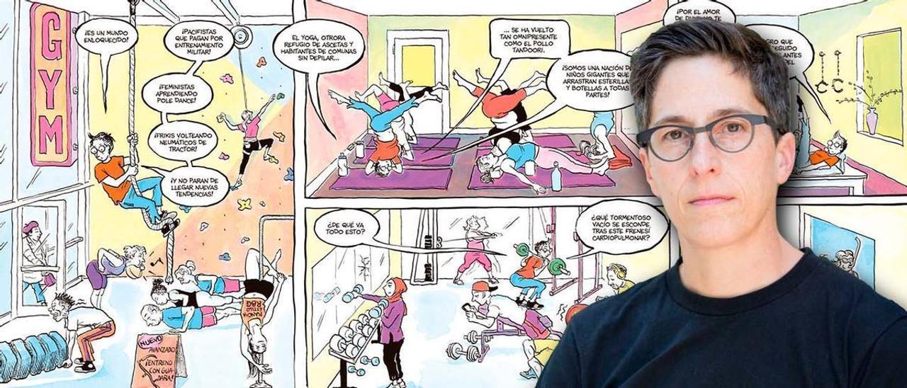 Viñeta da BD "O segredo da superforza humana", (2021). En primer término, la autora Alison Bechdel
