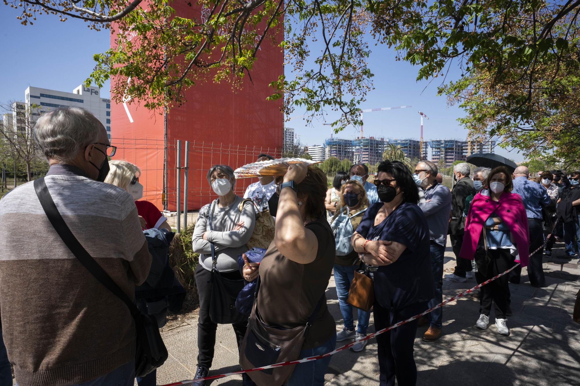 Largas colas al sol para vacunarse contra la COVID-19 en el hospital de campaña de La Fe