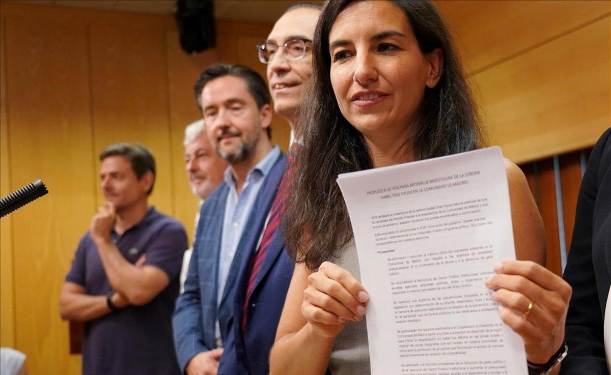 Rocío Monasterio (Vox), en rueda de prensa en la Asamblea de Madrid.