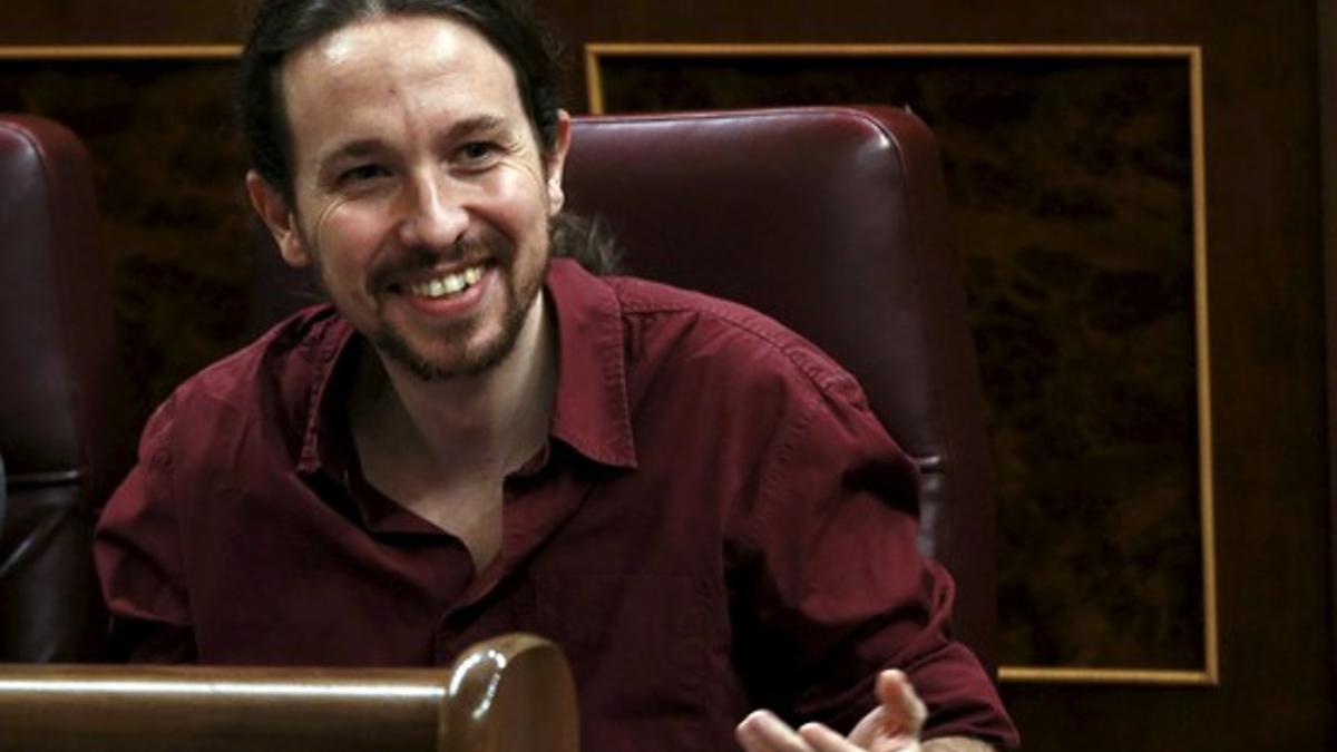 Pablo Iglesias, en el Congreso de los Diputados el viernes, durante la segunda jornada de la investidura de Pedro Sánchez