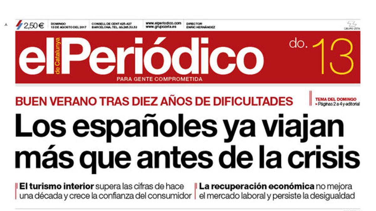 La portada de EL PERIÓDICO del 13 de agosto.