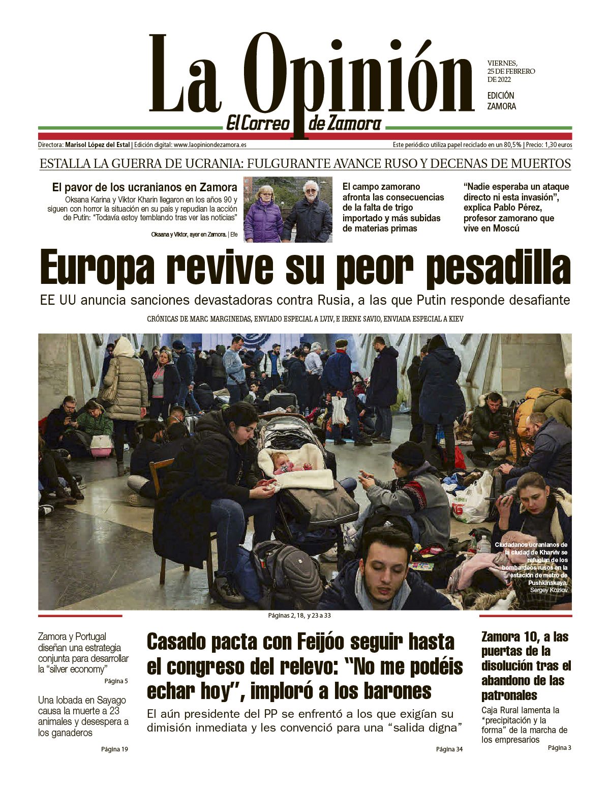 La Opinión-El Correo de Zamora, 25 de febrero de 2022. Comienza la guerra: Rusia invade Ucrania.