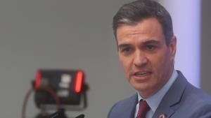 El presidente del Gobierno, Pedro Sánchez, durante el acto de presentación del undécimo PERTE, el de economía social y de los cuidados, en el complejo de la Moncloa el pasado 27 de mayo de 2022. 