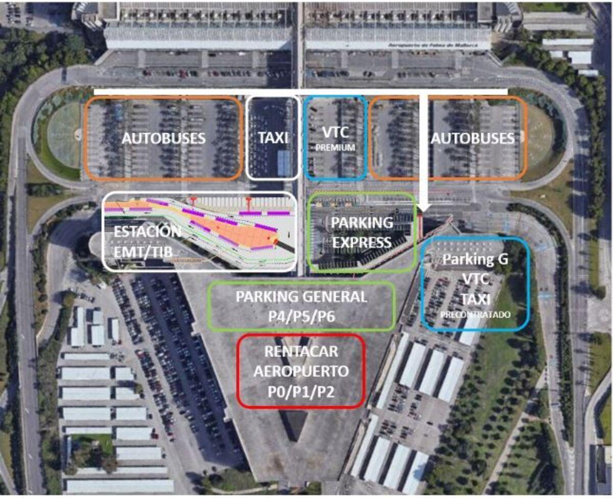 Distribución de vehículos en la zona de aparcamiento exterior del aeropuerto de Palma