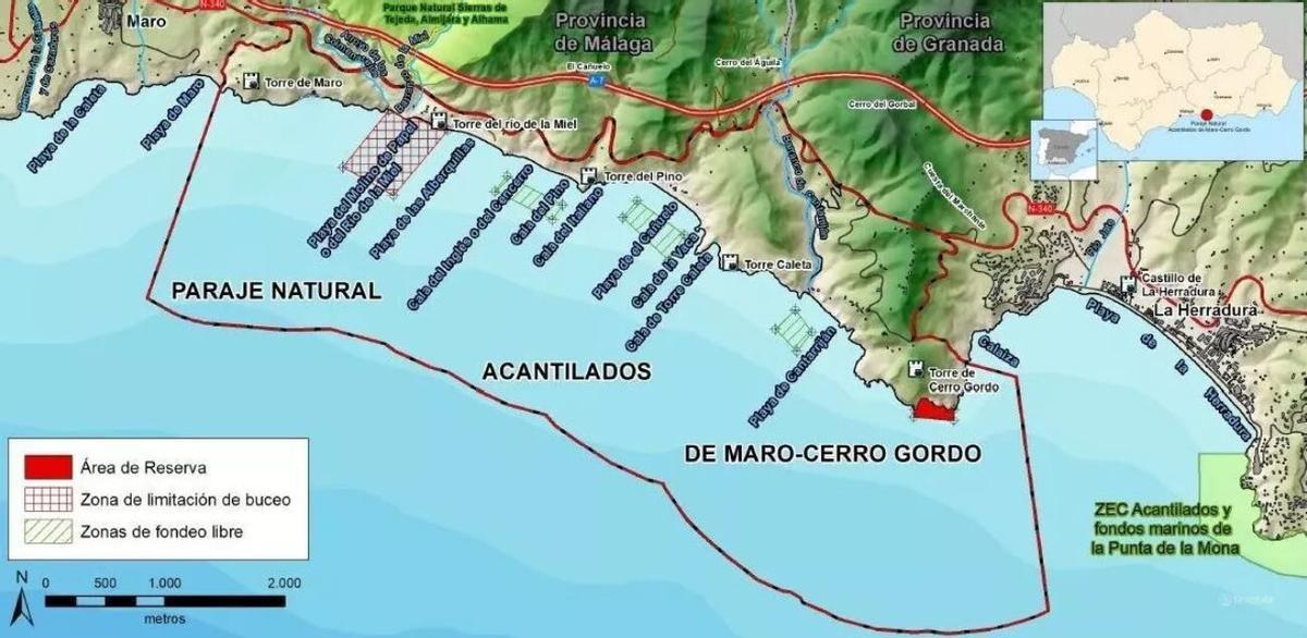 Límites del paraje de Maro-Cerro Gordo y zonas de fondeo