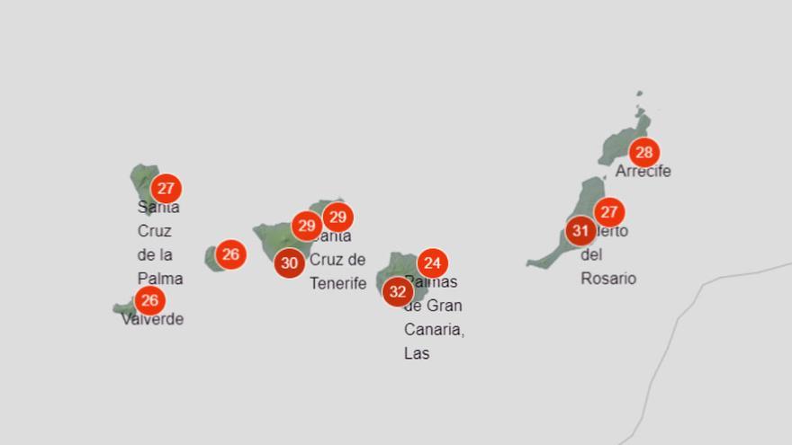 Mapa de pronóstico de las temperaturas para este martes en Canarias.