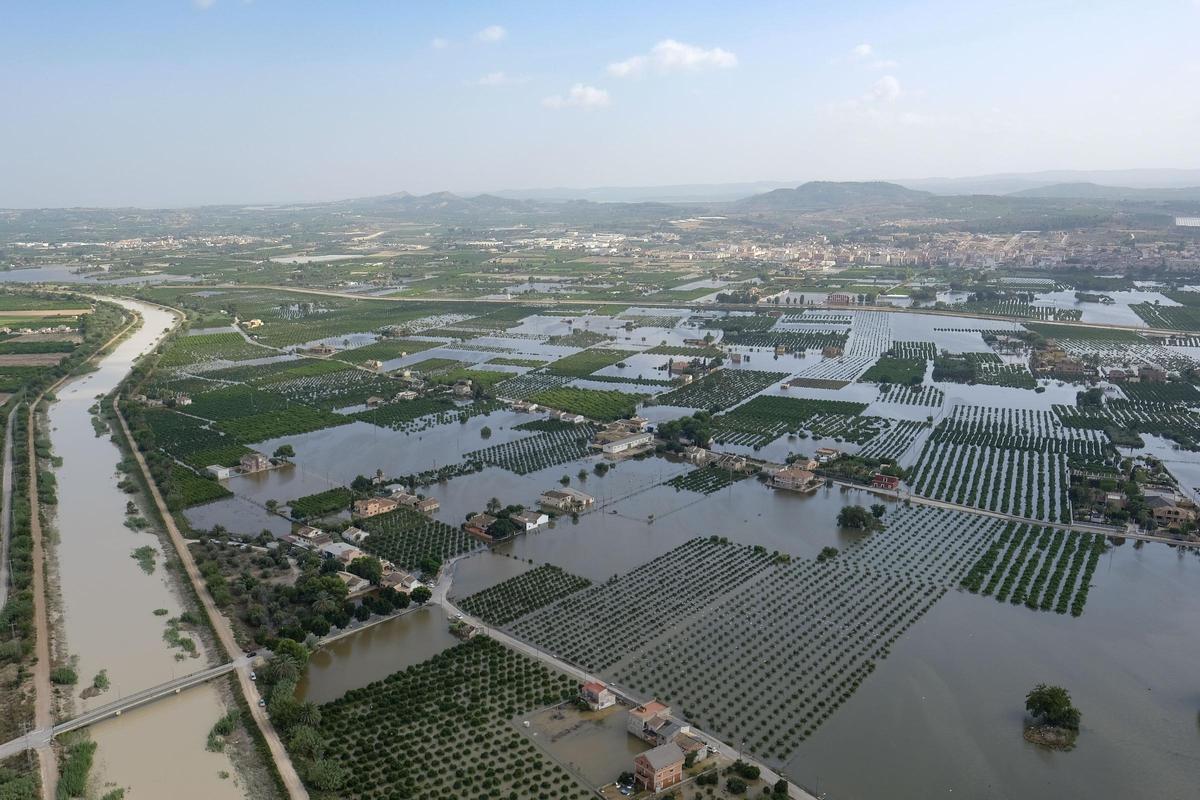 Huerta tradicional de la Margen Derecha del Segura inundada durnate la DANA en septiembre de 2019 tras la rotura de la mota del río en Almoradí