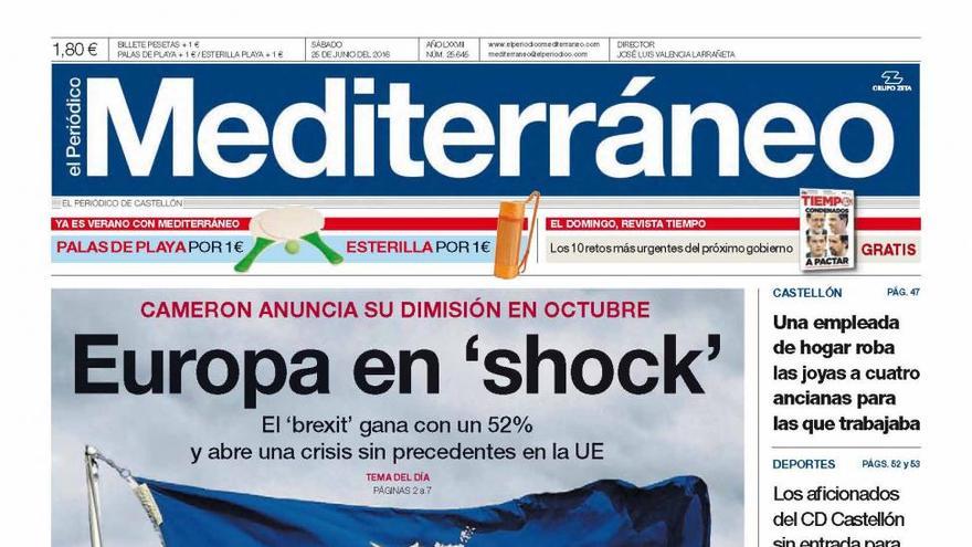 Europa en ‘shock’, hoy en la portada de El Periódico Mediterráneo