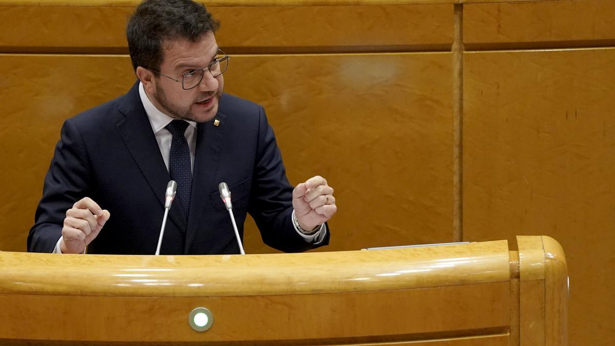 Pere Aragonès durante la Comisión General de Comunidades Autónomas donde se debate sobre la Ley de Amnistía en el Senado.