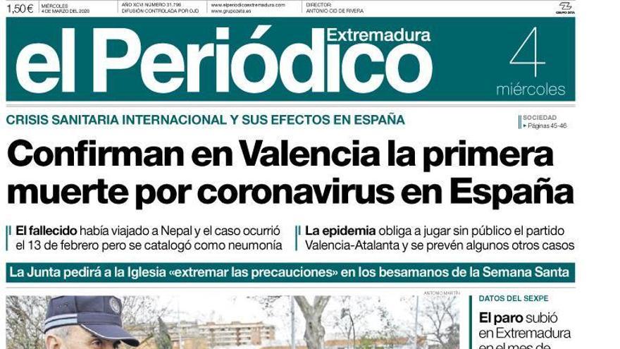 Esta es la portada de EL PERIÓDICO EXTREMADURA correspondiente al día 4 de marzo del 2020