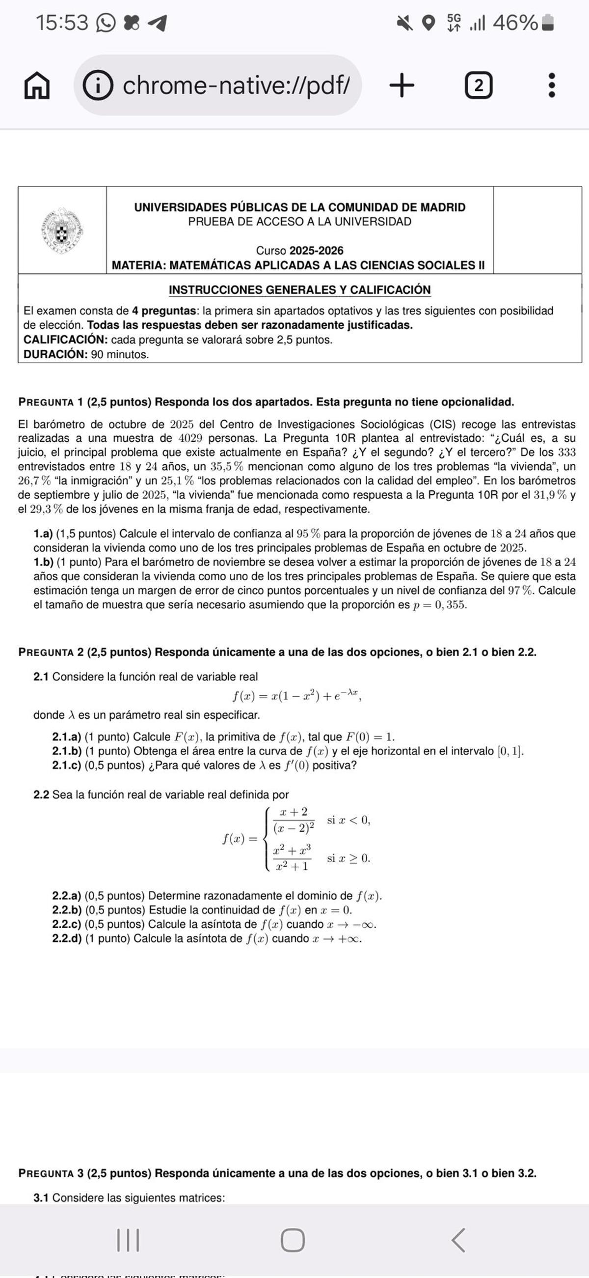 Examen de Matemáticas Aplicadas a las Ciencias Sociales en la PAU 2026 de Madrid