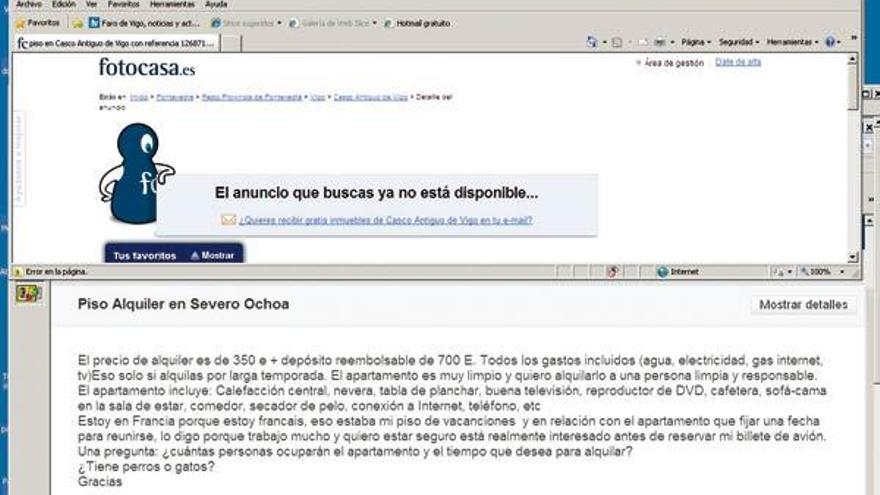 Uno de los anuncios fraudulentos de pisos en Vigo, que en dos semanas dejó de estar disponible.  // FDV