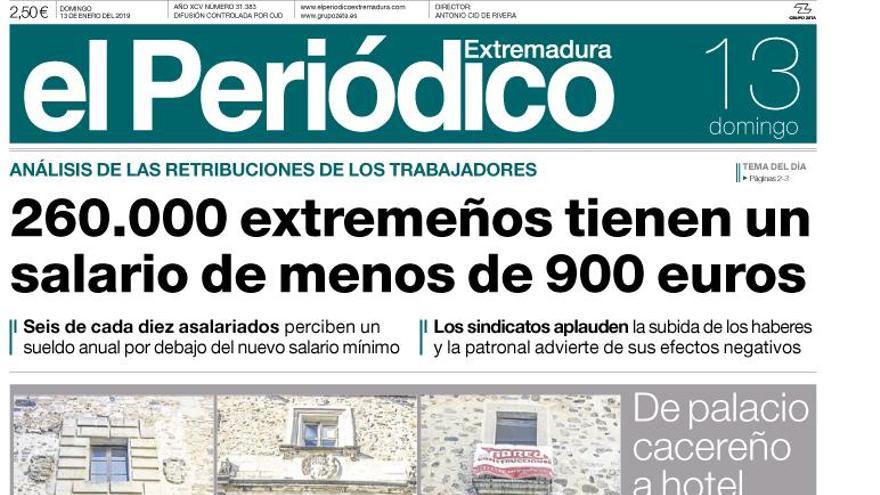 Esta es la portada de EL PERIÓDICO EXTREMADURA correspondiente al día 13 de enero del 2019