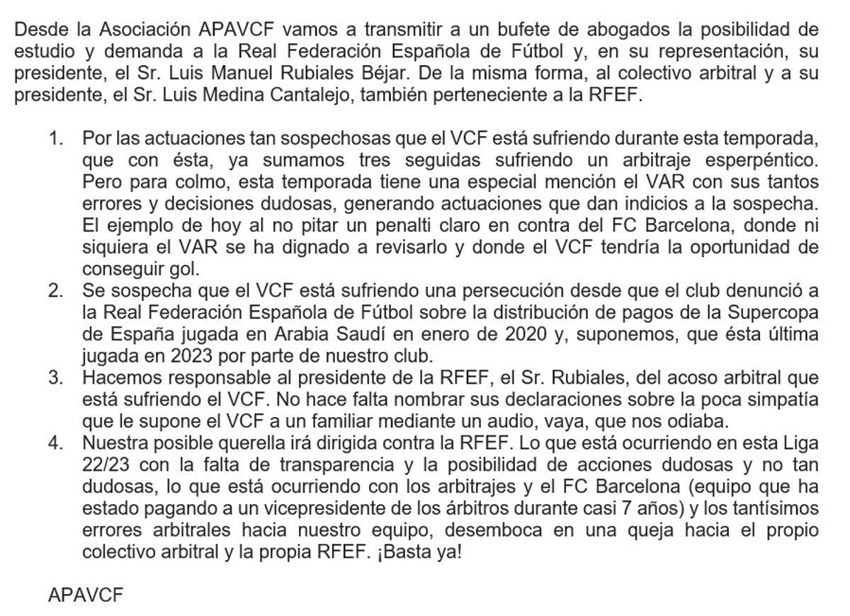 Comunicado APAVCF contra Rubiales