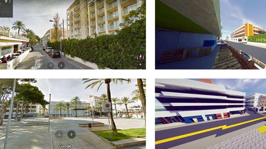 Der Carrer Bustamente und der Pinienplatz mitsamt Hostal Gami im Hintergrund bei Google Streetview und in der Minecraft-Map.