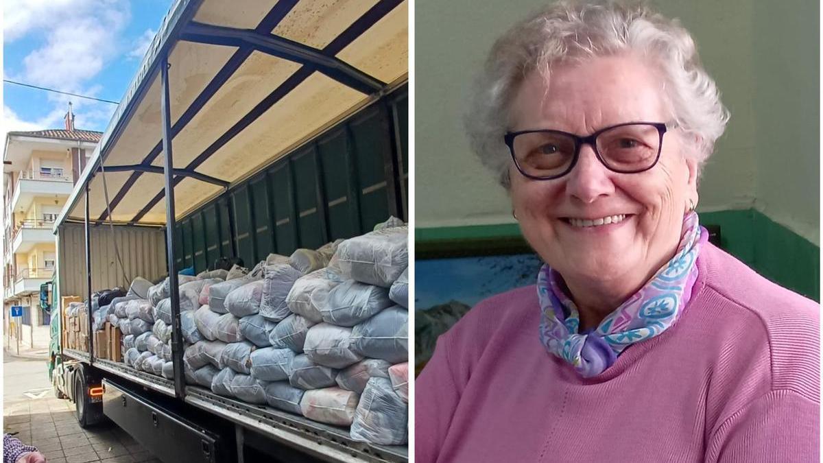 A la izquierda, un camión con ropa descargando en la iglesia de Barros, a la derecha, Emma Susacasa.