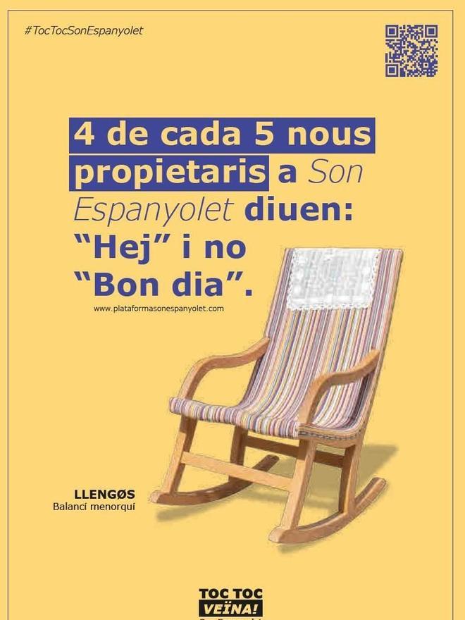 "Vier von fünf Neu-Immobilienbesitzern in Son Espanyolet sagen 'Hej' und nicht 'Bon dia', steht auf einem anderen Poster.
