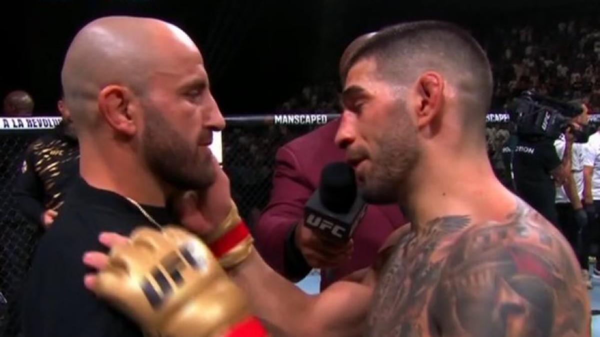 Volkanovski saltó al octágono minutos después del KO de Topuria a Holloway en el UFC 308 de Abu Dabi