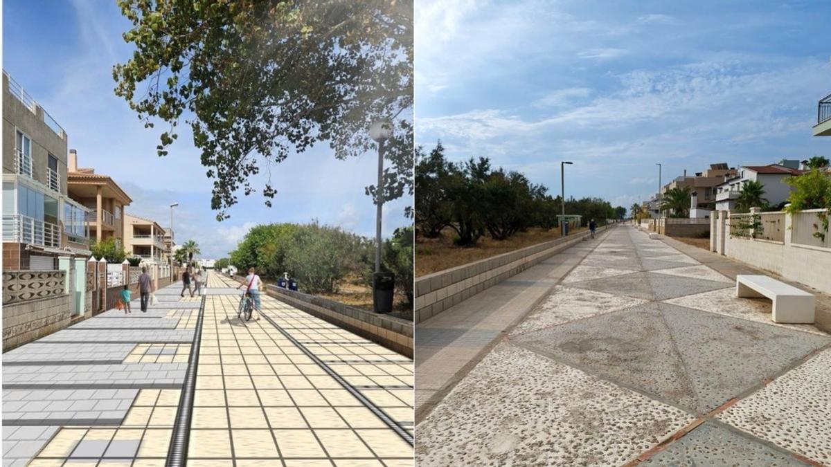 Aspecto virtual de cómo quedará el Passeig Marítim Almirall Carròs de la playa de Oliva y una imagen de ahora mismo