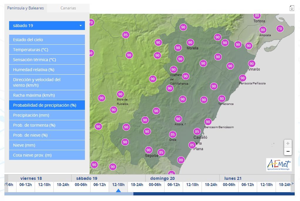 Probabilidad de lluvias el sábado, en el tramo horario entre las 12.00 y las 18.00.