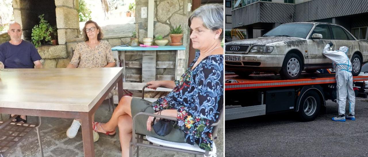 Tres hermanos de la víctima Julia dos Ramos y la inspección, ayer, del coche de la familia Barrio, estacionado desde 2007 en la comisaría de Ourense. // F. CASANOVA - B. LORENZO