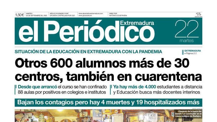 Esta es la portada de EL PERIÓDICO EXTREMADURA correspondiente al día 22 de septiembre del 2020