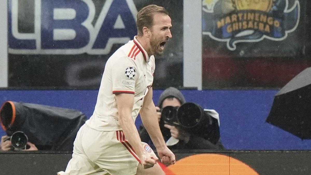 Harry Kane festeja el 0-1 del Bayern que marcó en el inicio de la segunda parte en el duelo contra el Inter.