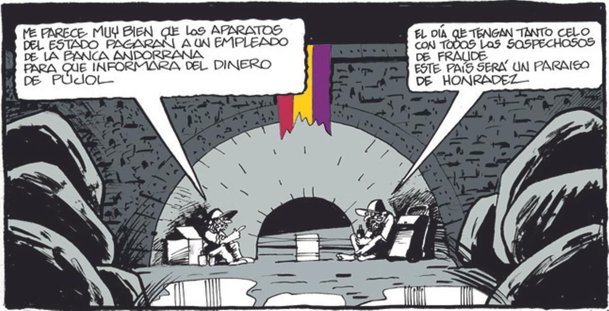 11 de agosto del 2014. La viñeta de Ferreres muestra a dos mendigos hablando sobre las últimas noticias del ’caso Pujol’.