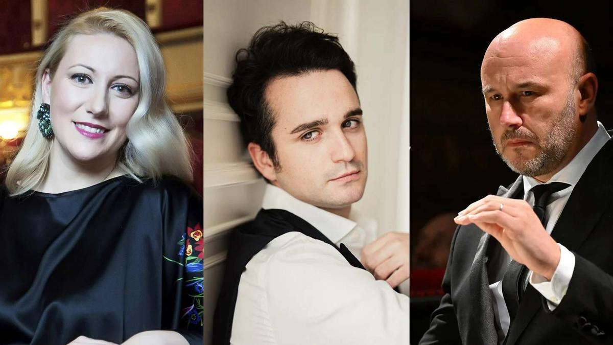 La soprano Saioa Hernández, el tenor Xabier Anduaga y el director Riccardo Frizza, en un montaje promocional del Concierto de Año Nuevo del Liceu.