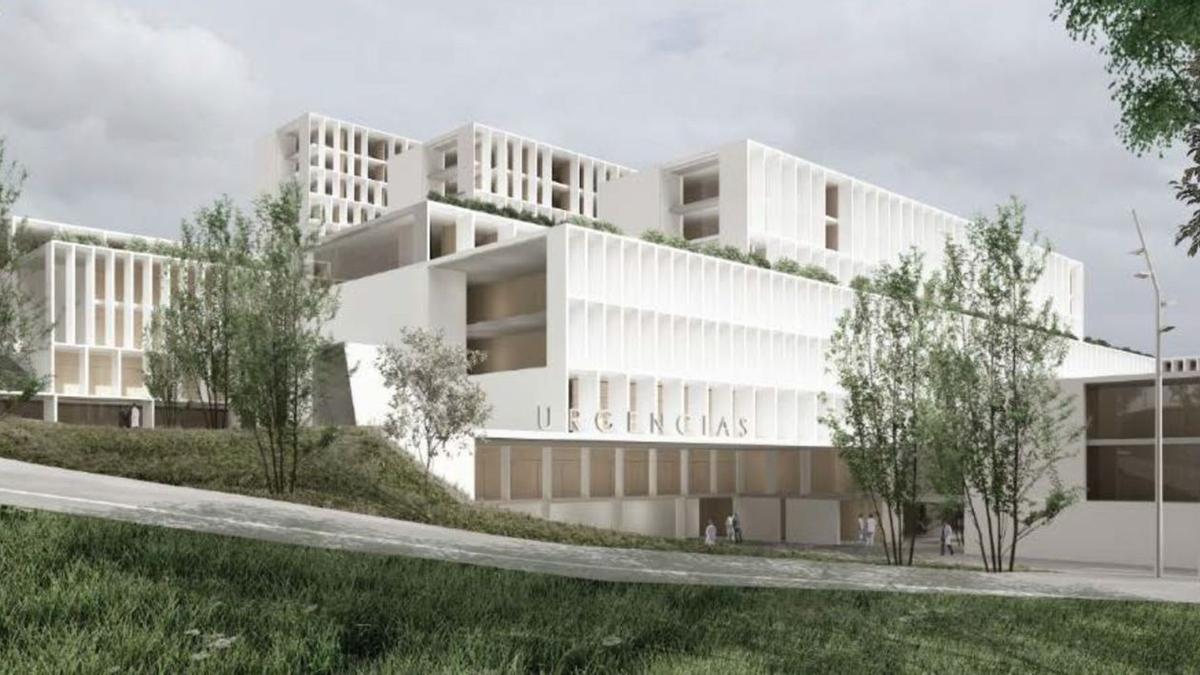 Recreación virtual del anteproyecto de la ampliación del Hospital de A Coruña, con el edificio de Urgencias en primer plano. |   // L.O.