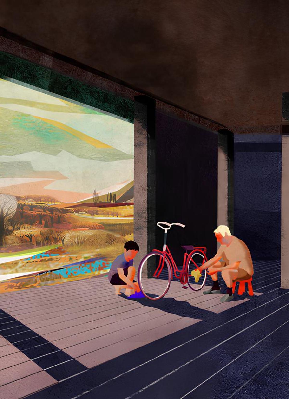 Ilustración de Eva Vázquez para "Una bicicleta y un dragón (y una bala perdida)