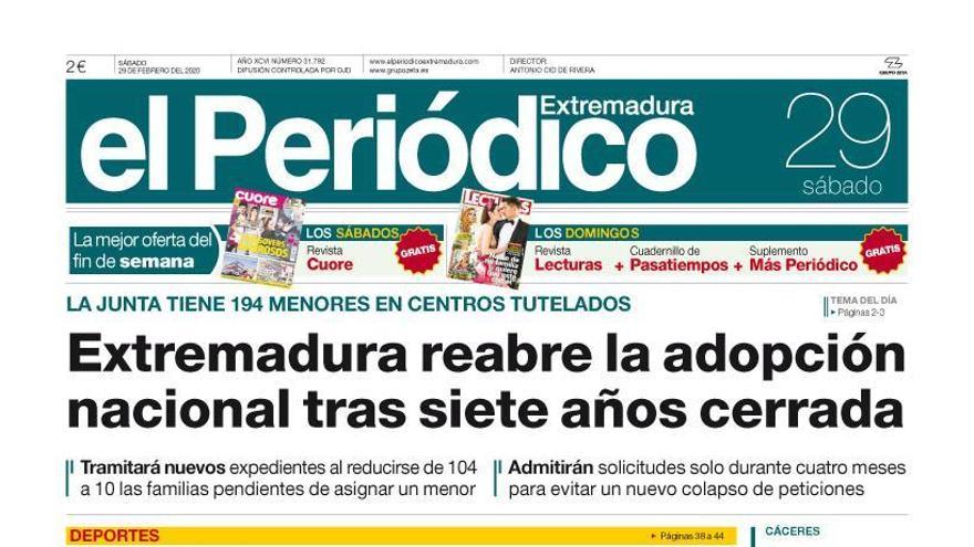 Esta es la portada de EL PERIÓDICO EXTREMADURA correspondiente al día 29 de febrero del 2020