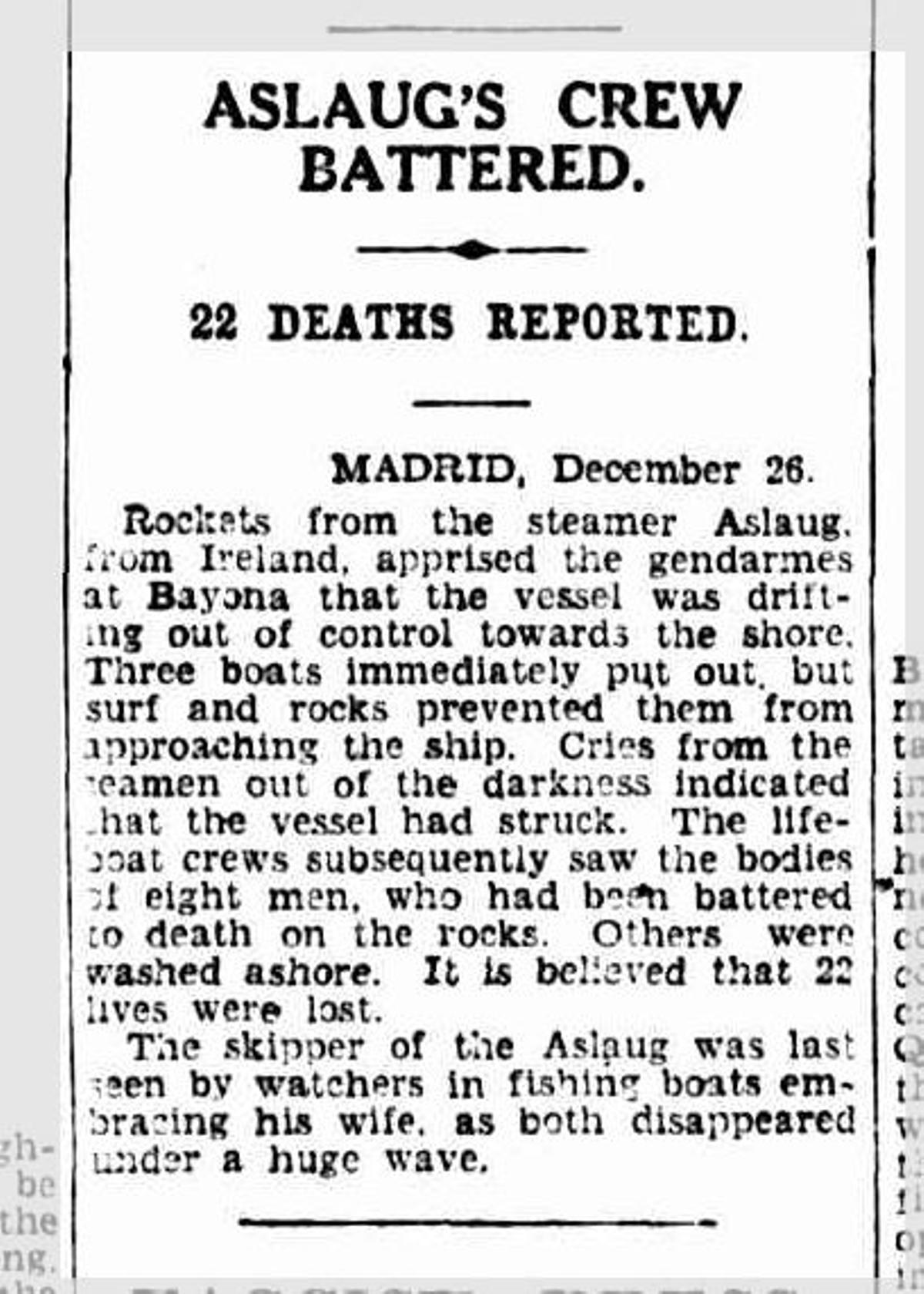 Noticia del naufragio del «Aslaug», acaecido en Baiona en la Nochebuena de 1929, del diario australiano Brisbane Courier