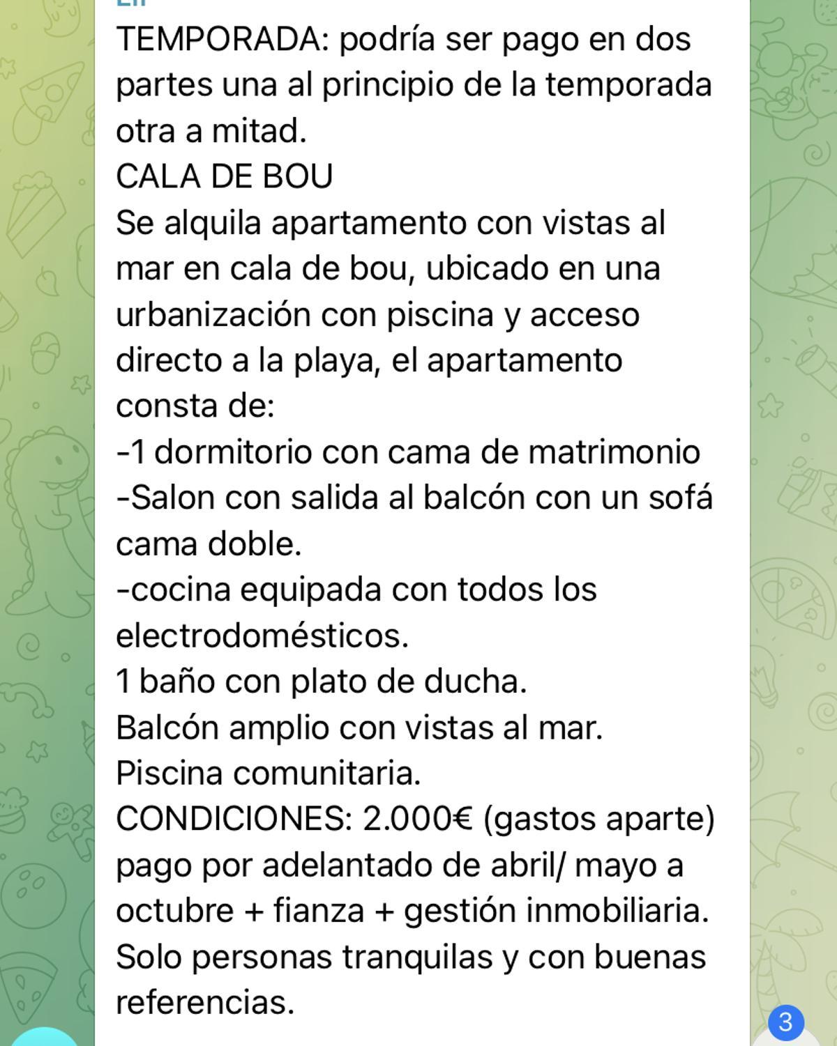 Un anuncio de un piso en Cala de Bou