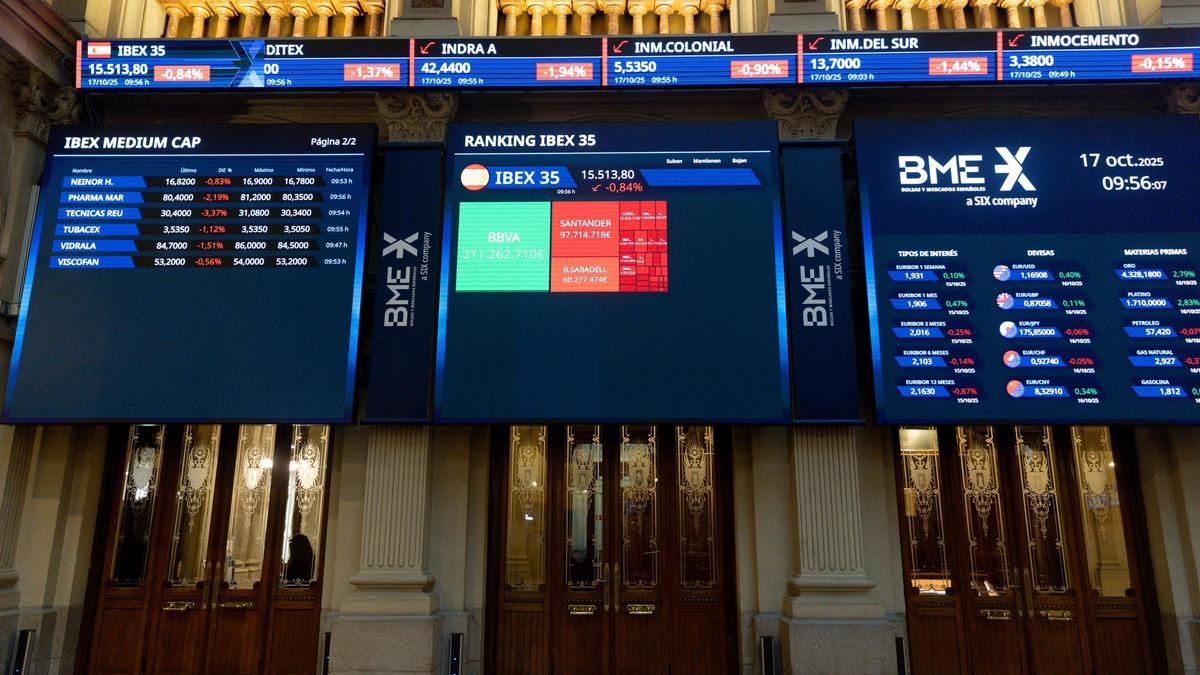 Un panel informativo en el Palacio de la Bolsa de Madrid, a 17 de octubre de 2025, en Madrid (España).