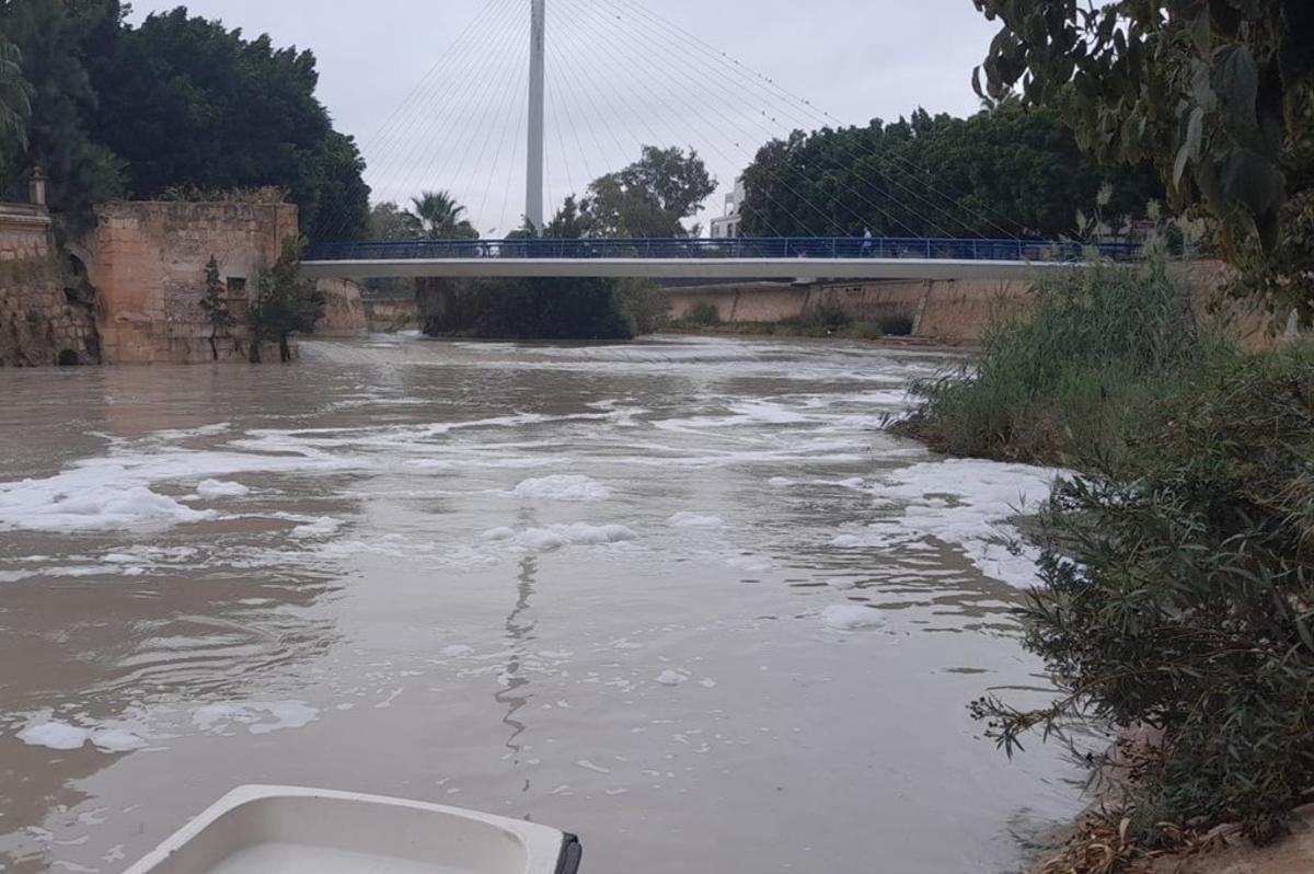 Espumas en el caudal a su paso por la ciudad de Murcia