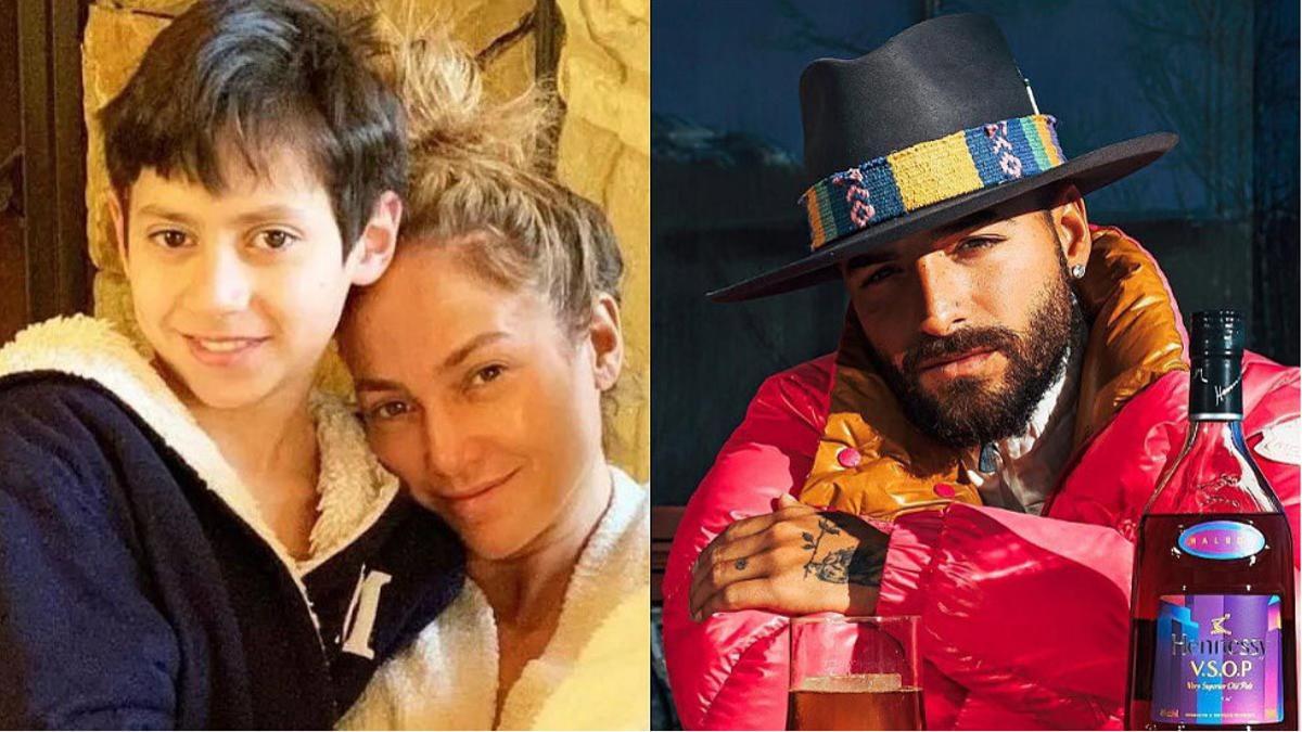 Jennifer Lopez con su hijo Max y el cantante colombiano Maluma.