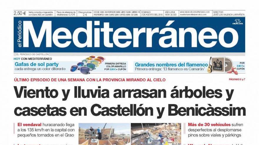 Viento y lluvia arrasan árboles y casetas, en la portada de Mediterráneo