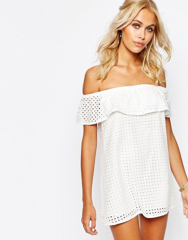Vestido con hombros descubiertos y capa corta, Fashion Union