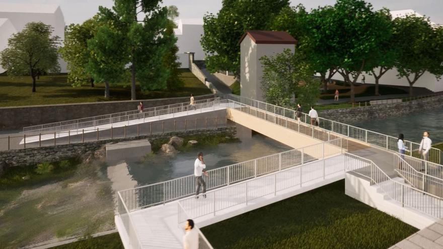 Recreación da pasarela deseñada para o paseo do río Tins, en Outes, que conectará a Serra de Arriba e a Serra de Abaixo / concello de outes