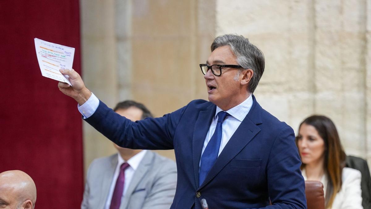 El portavoz del grupo parlamentario Vox en Andalucía, Manuel Gavira, durante luna sesión de control.