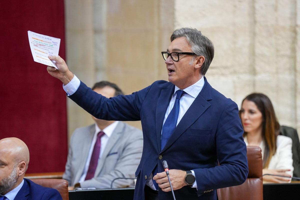 El portavoz del grupo parlamentario Vox en Andalucía, Manuel Gavira, durante luna sesión de control.