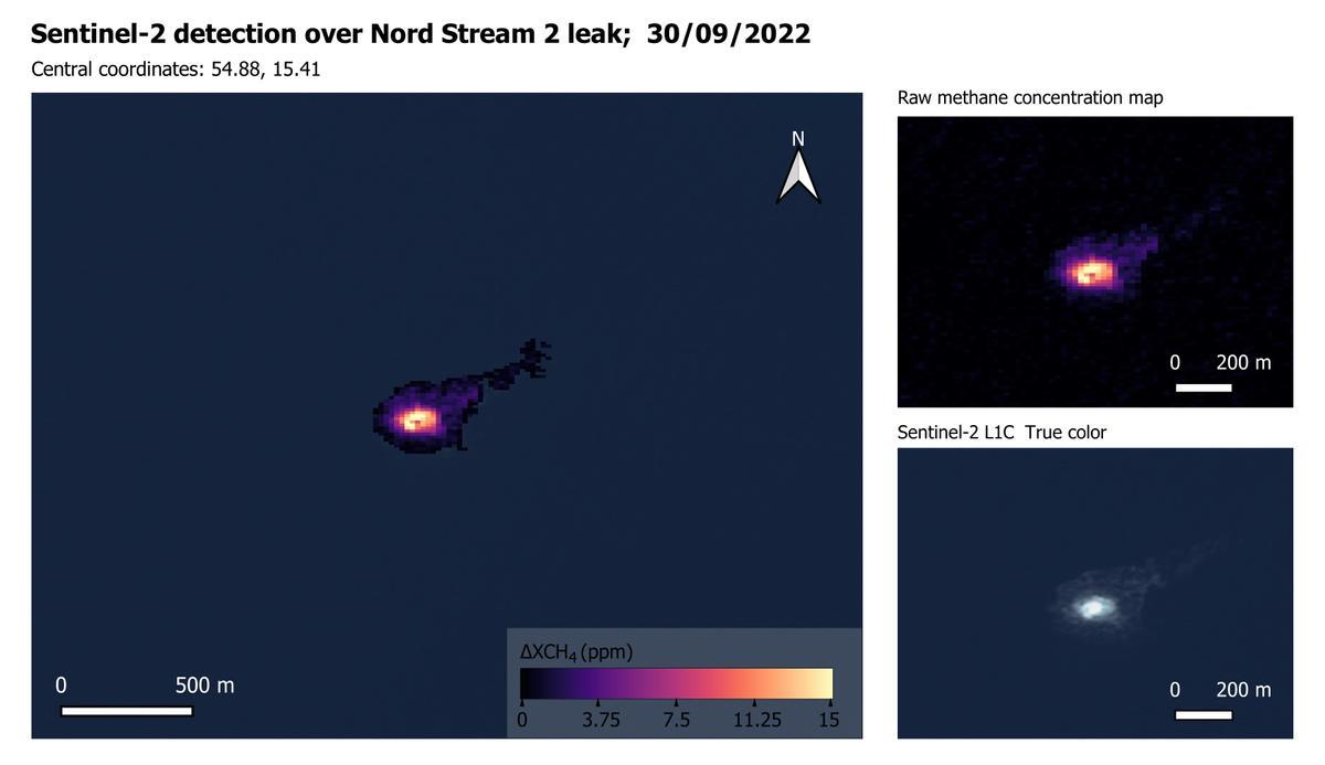 Las imágenes muestran la detección por el satélite Sentinel 2 de la fuga de metano desde el espacio el pasado 30 de Septiembre. La fuga es suficientemente grande para ser detectada desde el espacio.