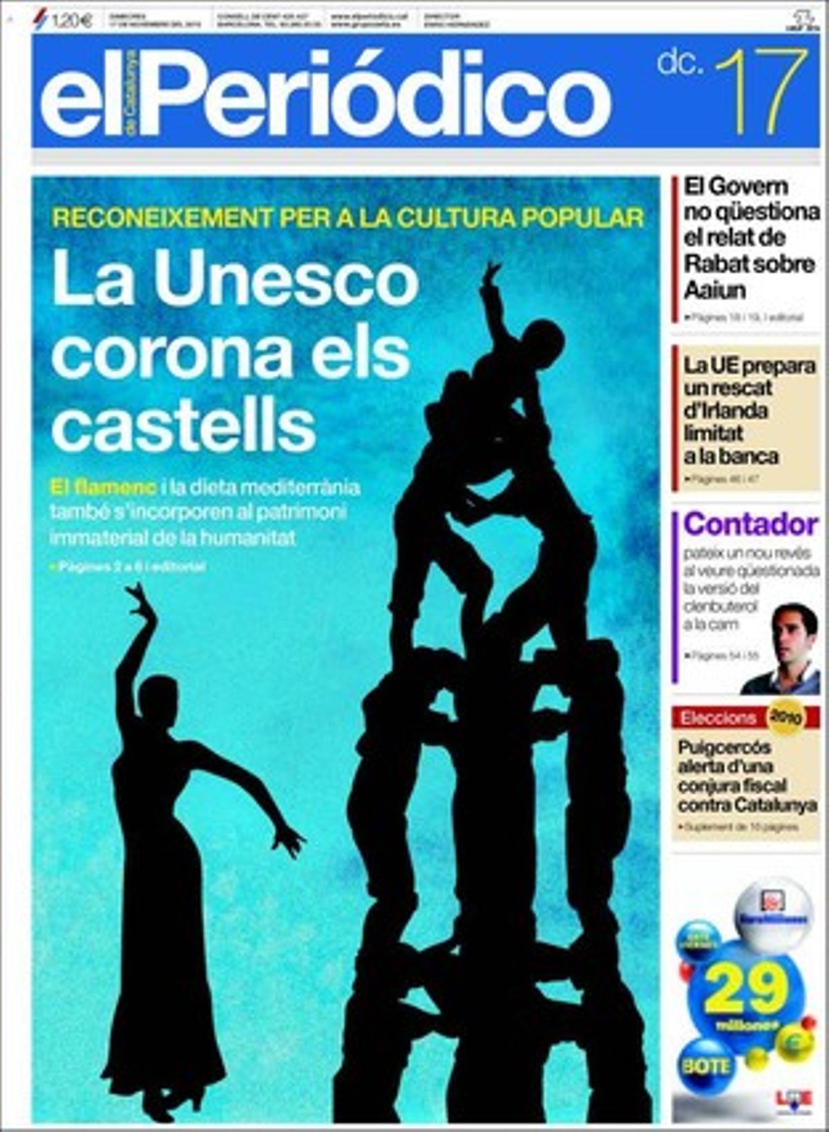 EL PERIÓDICO, a més de les notícies de la portada i del quadern electoral, també destaca a dins que una oenagé es querella contra quatre alts càrrecs marroquins per delictes de lesa humanitat en el desallotjament del campament d’Aaiun; que els científics de Catalunya són els més productius d’Espanya, i que la despesa de R+D a Espanya cau per primera vegada des del 1994; que un de cada quatre nens espanyols està en risc de patir pobresa; que el corrent catalanista d’Antoni Castells al PSC proposa repensar el discurs a Barcelona; que bancs i caixes es llancen sobre la demanda excedent dels bons del Govern.