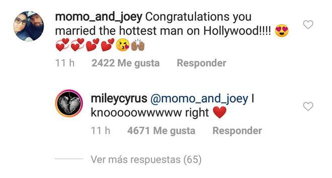 Miley Cyrus confirma su matrimonio en un comentario en Instagram