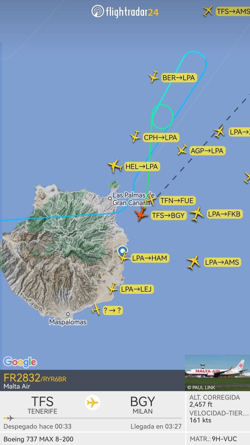 Trayectoria del vuelo desviado a Gran Canaria.