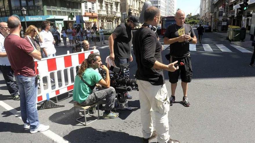 Rodaje de &#039;El Desconocido&#039;, de Vaca Films, en la plaza de Pontevedra, en 2014.