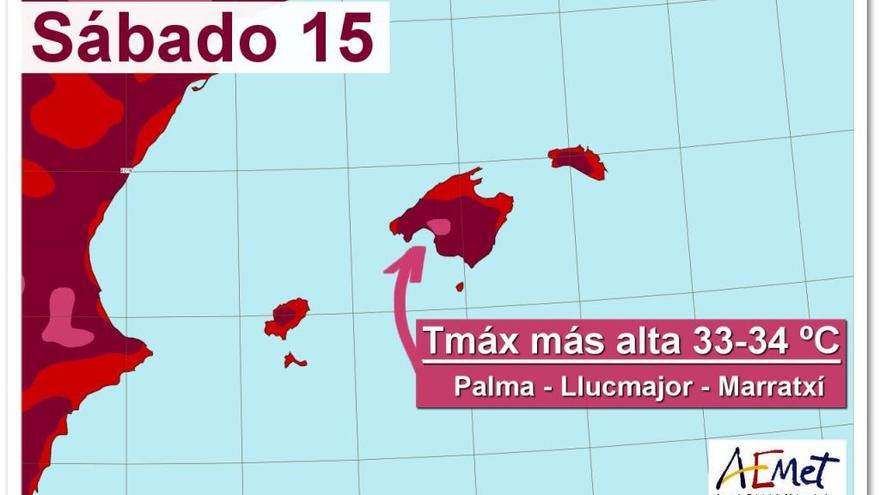 Das Schaubild von Aemet zeigt den Hitzepol am Samstag (15.7.) auf der Insel.