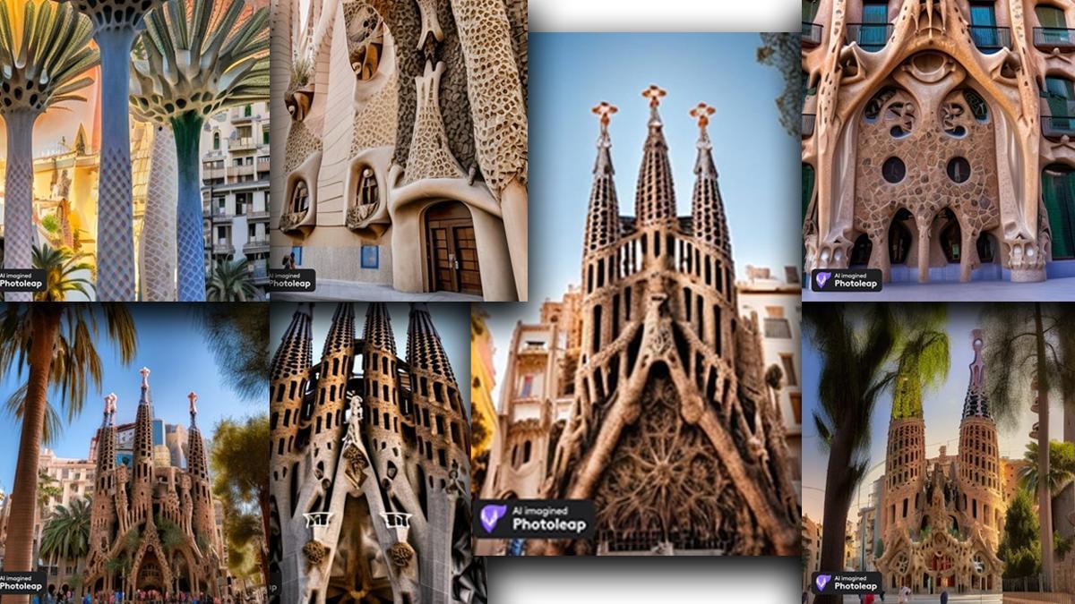 Combo de imágenes creadas con inteligencia artificial AI con la aplicación 'photoleap' inspiradas en Sagrada Familia y Gaudí